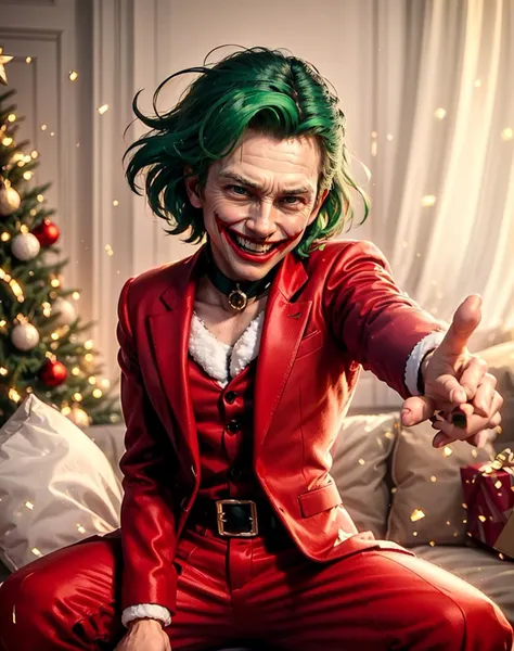 araffe dressed as joker sitting on a couch with a christmas tree in the background