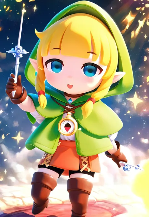 a cartoon image of a girl with a sword and a green cape