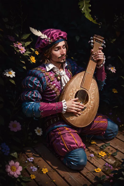 (masterpiece, best quality:1.2),  <lora:dandelion-20:0.70>, dandelionW3_soul3142, solo, brown hair, 1boy, hat, sitting, closed eyes, facial hair, lute (instrument), mustache, hat feather, playing instrument