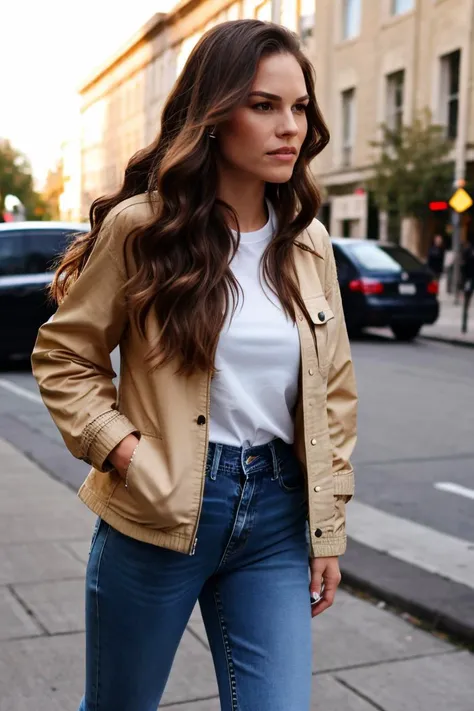 <lora:Hilary_Swank_PMv1a_Lora:1> hi14ry5w4nk, woman, long hair, wavy hair, shirt, jeans, jacket,