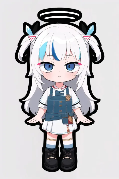 a cartoon girl with white hair and blue eyes wearing a denim dress