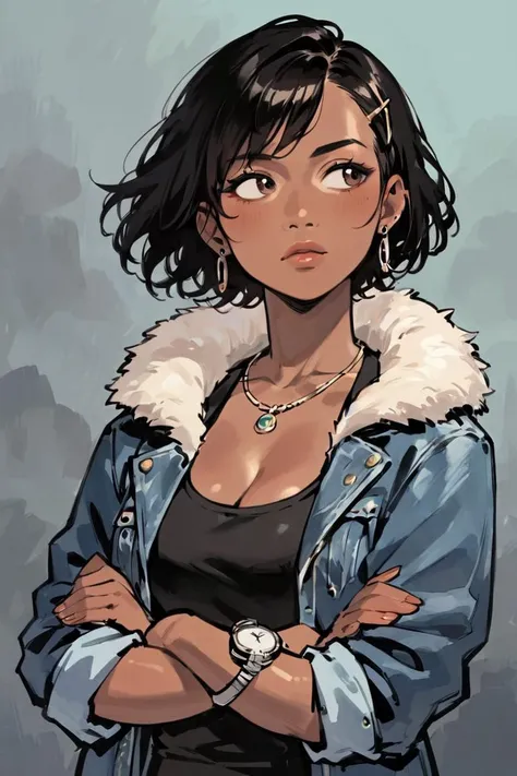 score_9, score_8_up, score_7_up, score_6_up, score_5_up, score_4_up, rating_safe, 1girl, jewelry, solo, dark skin, dark-skinned female, black hair, crossed arms, earrings, hair ornament, necklace, denim jacket, jacket, hairclip, breasts, watch, wristwatch,...