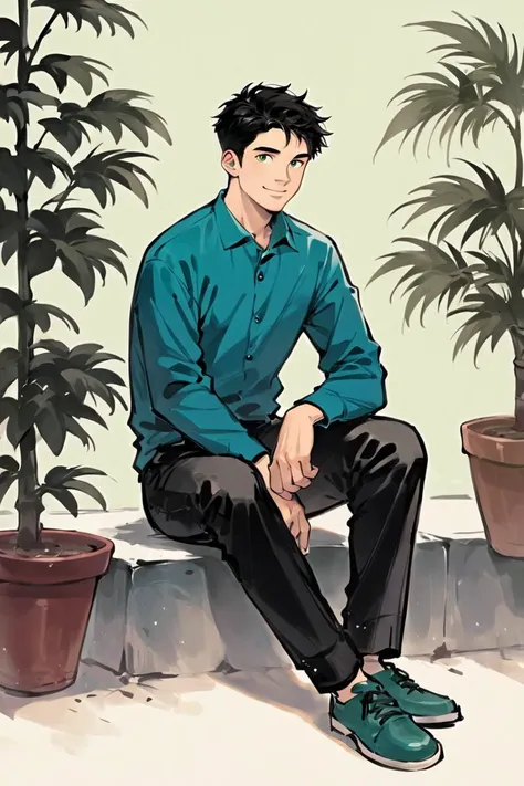 score_9, score_8_up, score_7_up, score_6_up, score_5_up, score_4_up, rating_safe, solo, 1boy, plant, shirt, male focus, shoes, black hair, pants, black pants, sitting, green footwear, collared shirt, potted plant, aqua shirt, blue shirt, shadow, long sleev...