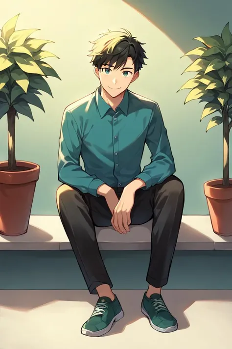 score_9, score_8_up, score_7_up, score_6_up, score_5_up, score_4_up, rating_safe, solo, 1boy, plant, shirt, male focus, shoes, black hair, pants, black pants, sitting, green footwear, collared shirt, potted plant, aqua shirt, blue shirt, shadow, long sleev...