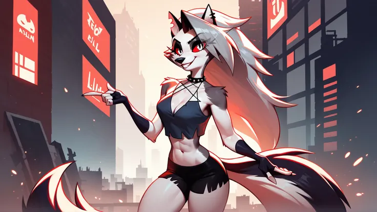 score_9_up,score_8_up,1girl,solo,amazing composition,incredible lighting,smiling,detailed background,<lora:Smooth Anime 2 Style SDXL_LoRA_Pony Diffusion V6 XL:1>,shiny skin,outdoors,loona_(helluva_boss),anthro,city in hell,sleeveless shirt,short shorts,