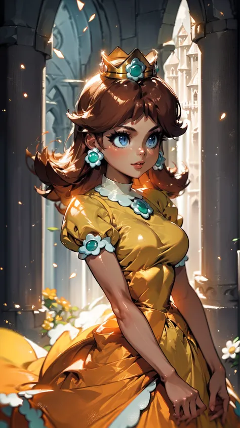 score_9,score_8_up,score_7_up,source_cartoon,source_anime,1girl,intricate,outdoors,castle,highly detailed,soft lighting,soft particles,glowing,medium breasts,curvy,<lora:Anime Summer Days Style SDXL_LoRA_Pony Diffusion V6 XL:1>,princess daisy,yellow dress,...