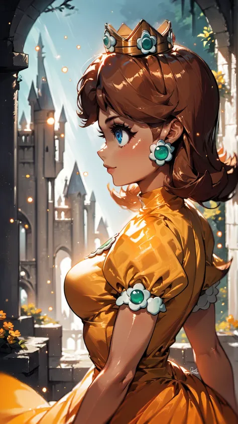 score_9,score_8_up,score_7_up,source_cartoon,source_anime,1girl,intricate,outdoors,castle,highly detailed,soft lighting,soft particles,glowing,medium breasts,curvy,<lora:Anime Summer Days Style SDXL_LoRA_Pony Diffusion V6 XL:1>,princess daisy,yellow dress,...