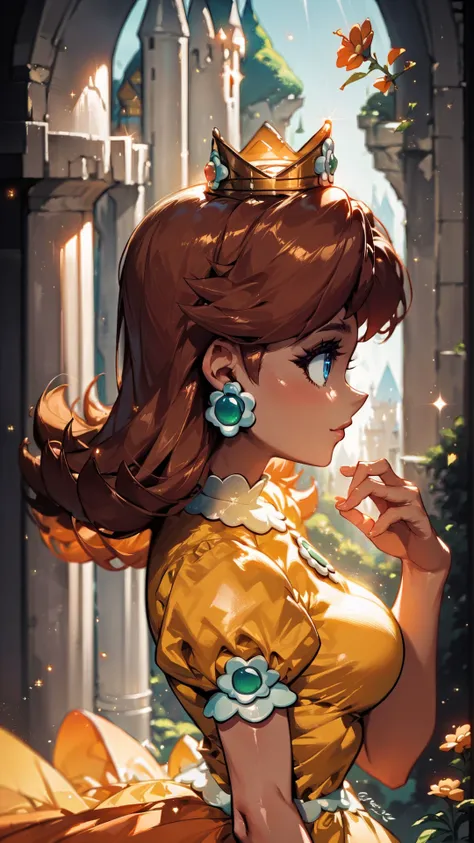 score_9,score_8_up,score_7_up,source_cartoon,source_anime,1girl,intricate,outdoors,castle,highly detailed,soft lighting,soft particles,glowing,medium breasts,curvy,<lora:Anime Summer Days Style SDXL_LoRA_Pony Diffusion V6 XL:1>,princess daisy,yellow dress,...