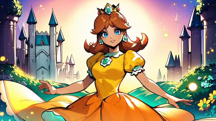 score_9,score_8_up,score_7_up,source_cartoon,source_anime,1girl,intricate,outdoors,castle,highly detailed,soft lighting,soft particles,glowing,medium breasts,curvy,<lora:Line Art Style LoRA XL:0.8>,princess daisy,yellow dress,upper body,shiny dress,