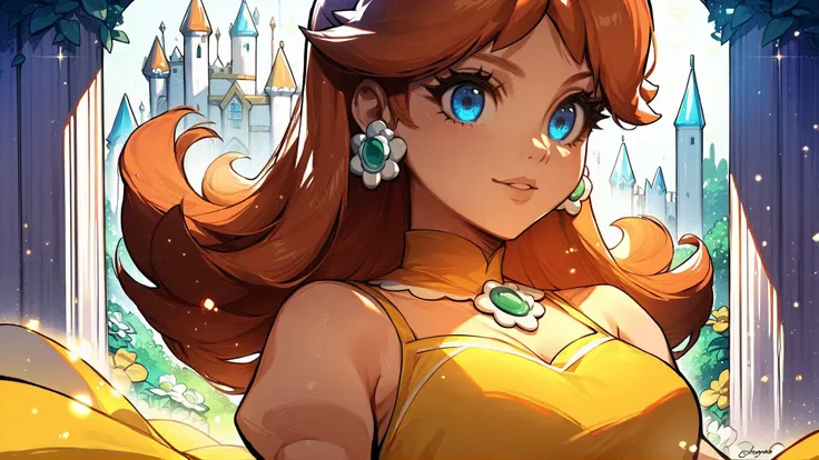 score_9,score_8_up,score_7_up,source_cartoon,source_anime,1girl,intricate,outdoors,castle,highly detailed,soft lighting,soft particles,glowing,medium breasts,curvy,<lora:Line Art Style LoRA XL:0.8>,princess daisy,yellow dress,upper body,shiny dress,