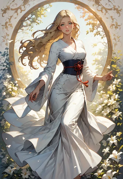 score_9, score_8_up, 1girl, white kimono,  solo, blonde hair, mid parted hair, long hair, heart, curvy, solo, sultry look, romantic sunset, surrounded by white lily flowers in a flower meadow, dynamic pose, art nouveau style  <lora:sdxlAnime Summer Days St...