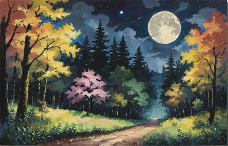 painting of a road in the woods with a full moon