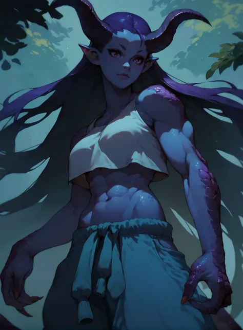 score_9, score_8_up, score_7_up, score_6_up, monster girl, very beautiful, street fighter, crop top, baggy pants, long hair, horns, scales,  blue and purple gradient skin, in the forest  <lora:Anime Cold Night Style SDXL_LoRA_Pony Diffusion V6 XL:0.8>