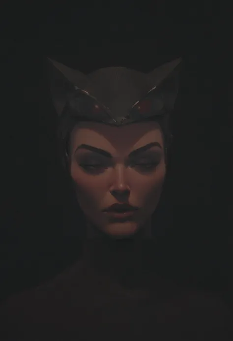 a woman in a black cat mask with horns on her head