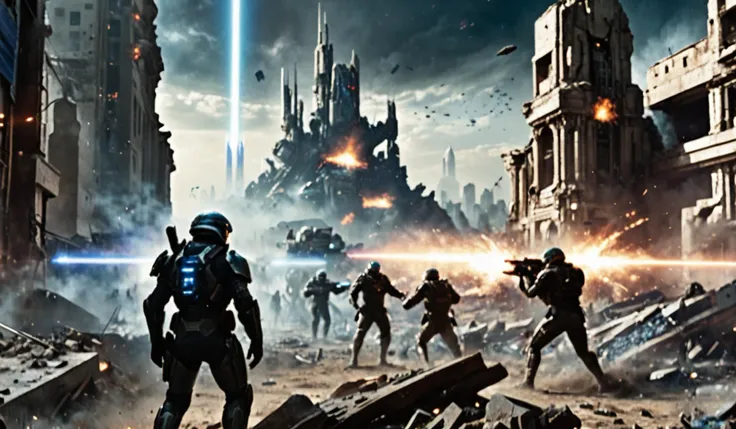 wide cityscape, ruins, night, futuristic war zone, soldiers in dark armor with blue lights fighting with laser rifles, wielding holographic blue banners, explosions, destruction, masterpiece, tableau, cinematic lighting, scifi, science fiction, epic, space...