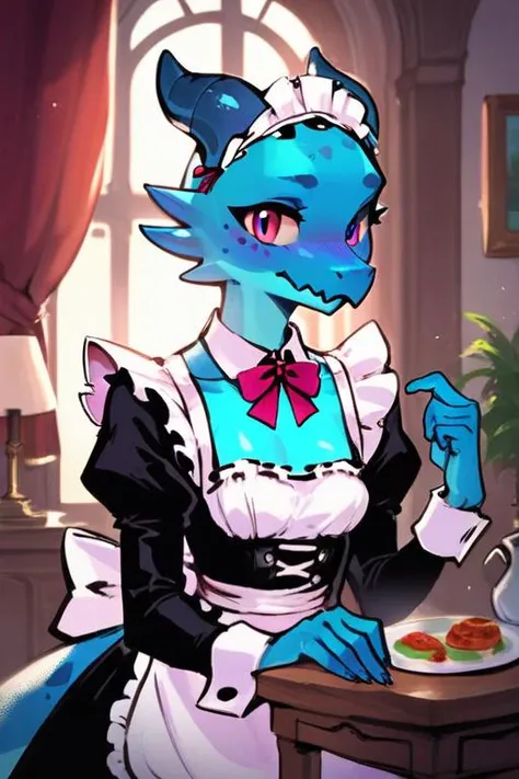 blue kobold, female, maid outfit,, score_9, score_8_up, score_7_up,, <lora:Ink Style LoRA XL:0.8>