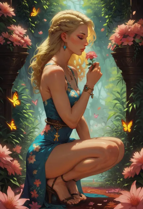 anime artwork Fashion style , score_9, score_8_up, score_7_up, score_6_up, score_5_up, score_4_up, BREAK,background,  beautiful ,petite, 1girl, blonde_hair,loose short colorful floral  sun dress, thigh,, side view, breasts, butterfly, closed_eyes,serene , ...