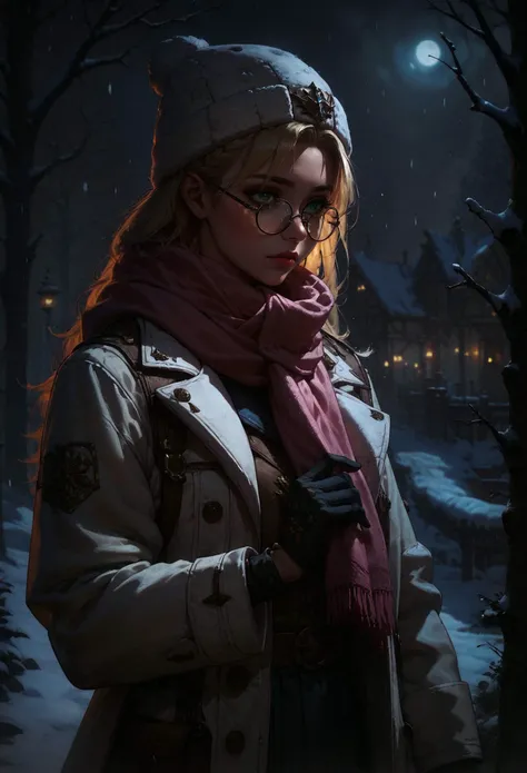 score_9, score_8_up, score_7_up, score_6_up, score_5_up, score_4_up,  1 girl, blonde hair, long hair, crownbraid, snowcap, round eyewear, glasses,  white winter furcoat, snow, standing, in snow, night, solo, bokeh, orange lighting, pink scarf, hand on scar...