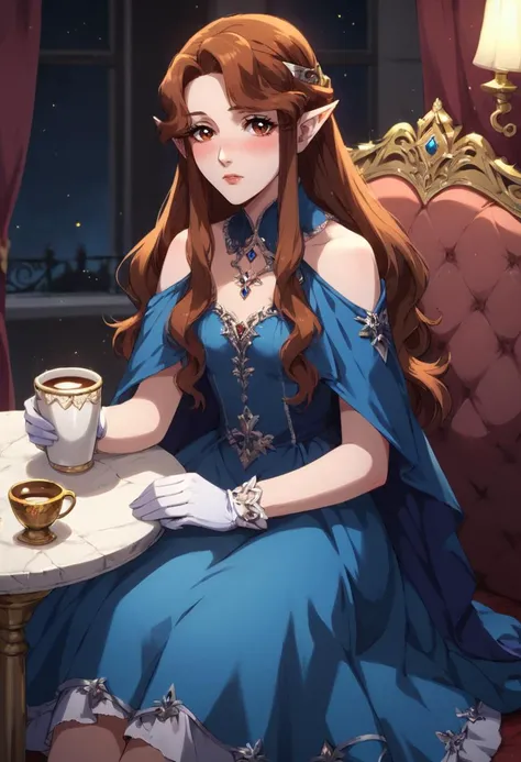 a woman in a blue dress sitting at a table with a cup of coffee