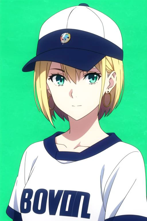 masterpiece, best quality, movie still, 1girl, aqua eyes, baseball cap, blonde hair, closed mouth, earrings, green background, hat, hoop earrings, jewelry, looking at viewer, shirt, short hair, simple background, solo, upper body, yellow shirt, solo, looki...