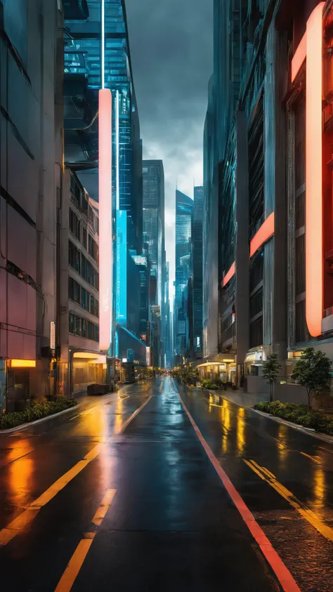 outdoors, sky, no humans, window, ground vehicle, building, scenery, motor vehicle, city, sign, car, road, cityscape, lamppost, street, alley, crosswalk, real world location, vanishing point, A futuristic cityscape seen from the end of a long, symmetrical ...