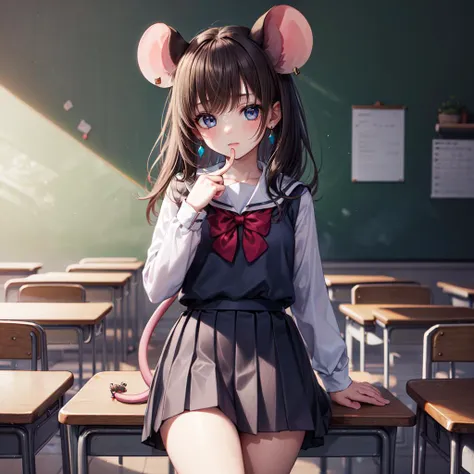 anime girl in a school uniform sitting on a desk with a mouse ear