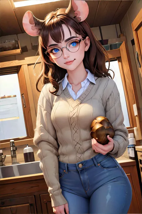 anime girl with glasses and a sweater holding a donut