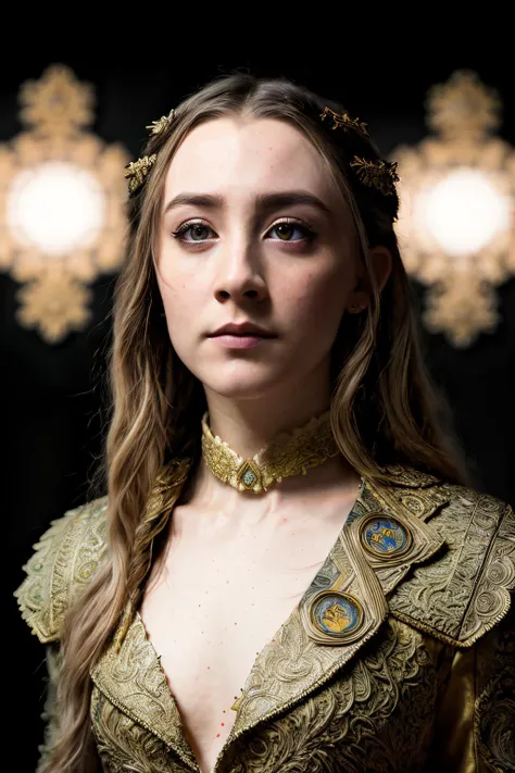 A stunning intricate full color portrait of saoirseRon1 , dressed as a queen from game of thrones, epic character composition, by ilya kuvshinov, alessio albi, nina masic, sharp focus, natural lighting, subsurface scattering, f2, 35mm