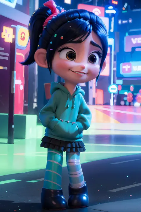 a cartoon girl in a green jacket and black tights stands on a city street