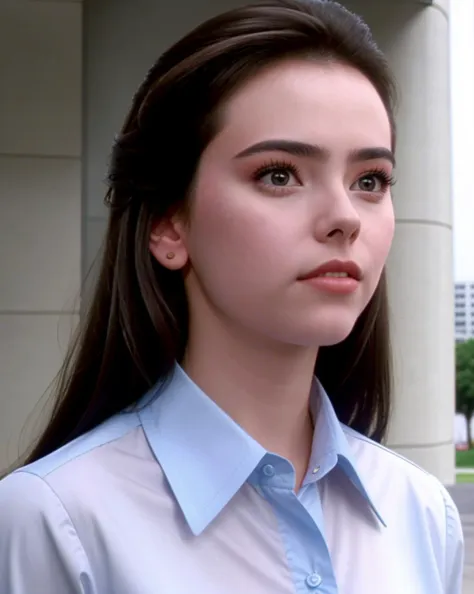 a close up of a woman in a blue shirt and a white shirt