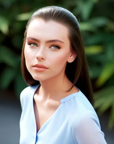 a close up of a woman with long hair wearing a blue shirt