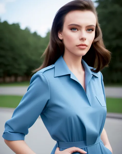 a close up of a woman in a blue dress posing for a picture