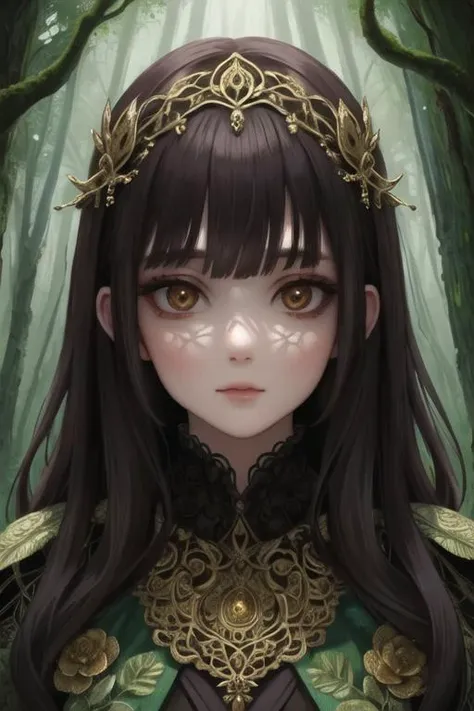 a girl with long hair wearing a crown in a forest