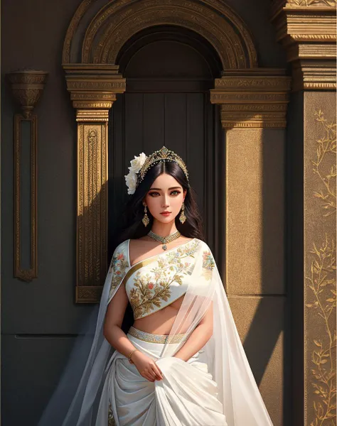 a woman in a white sari and gold jewelry poses for a picture