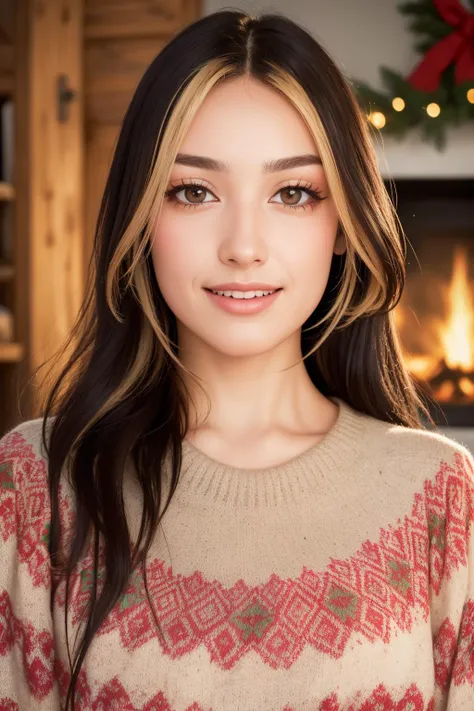 a woman with long black hair wearing a sweater and a christmas tree