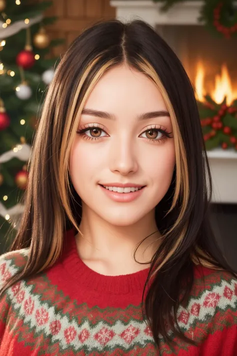 (RAW 8k photo) of v1ol3tg3m5, <lora:v1ol3tg3m5:0.75>, (wearing edgPO pullover, edgPO, christmas themed sweater), <lora:edgPullovers:1>, (RAW photo, best quality), (realistic, photo-realistic:1.4), masterpiece, an extremely delicate and beautiful, extremely...