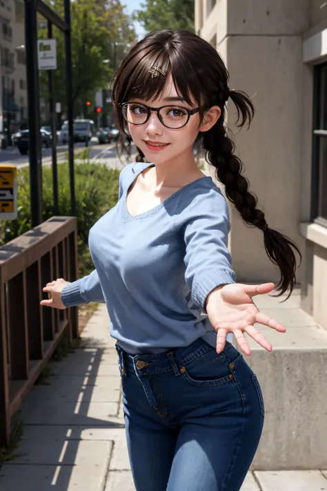 looking_at_viewer,Smile,
<lora:(QyYsS)l4SSCh<.mizuharaChizuruRentA_v10:0.7>,
CHI1,1GIRL,solo,brown eyes,brown hair,swept bangs,TWIN BRAIDS,TWINTAILS,
hair ornament,hairclip,glasses,collarbone,sweater,long sleeves,pants,jeans,
facing viewer,(reaching out wi...