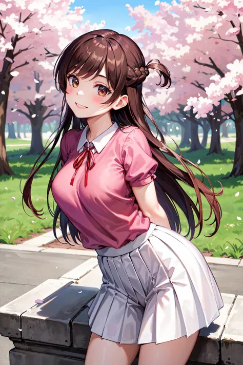 masterpiece, best quality, highres, chi1, 1girl, long hair, braid, one side up, solo, white skirt, red ribbon, pink shirt, pleated skirt, bangs, neck ribbon, puffy short sleeves, <lora:mizuhara_chizuru_v4:0.6>, arms behind back, leaning forward, smile, che...