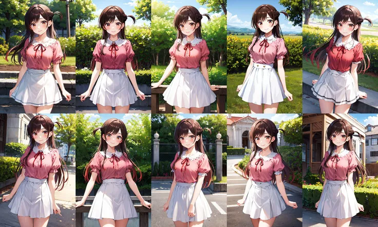 masterpiece, best quality, highres, aachizuru, long hair, one side up, neck ribbon, pink shirt, short sleeves, white skirt, <lora:mizuhara_chizuru_v2:0.7>, standing, cowboy shot, outdoors, smile, arms at sides,