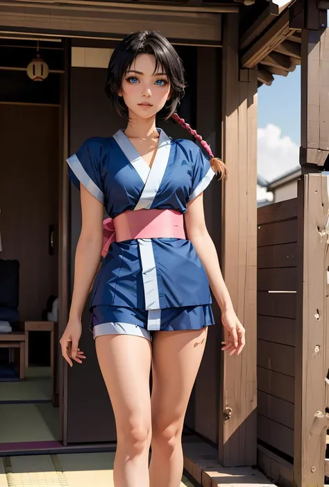 arafed woman in a blue and white outfit standing in front of a door