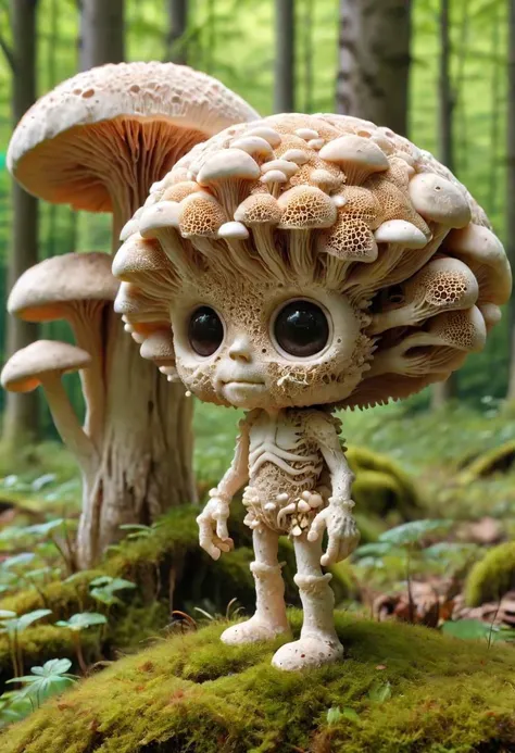 there is a small doll with a mushroom head on a mossy surface