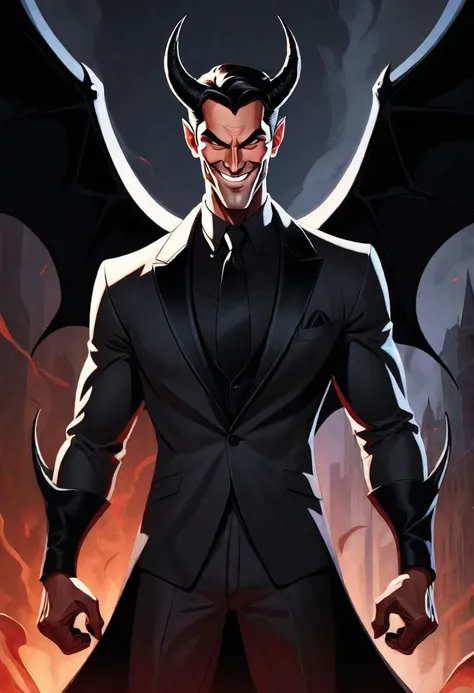 Animated series in the style of Bruce Timm, male figure, Lucifer (devil) with elegant black suit smiling, in a heroic and extravagant pose. (Perfect hands)