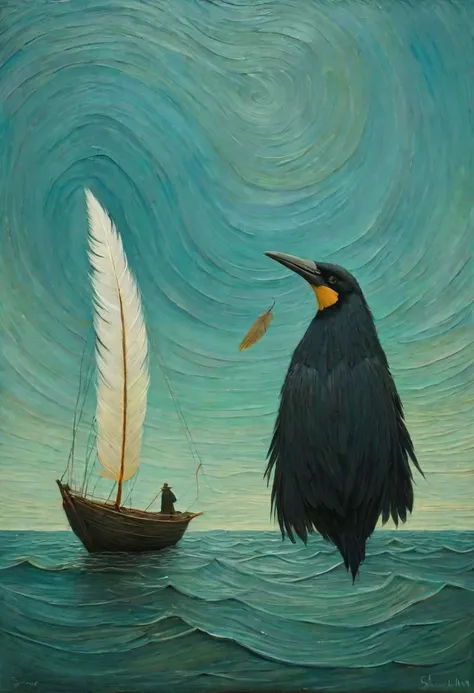 <lyco:ShaunTan:1.0> feather gods, fantasy surrealism, oil painting, impressionism, mix the styles of Van Gogh and Shaun Tan