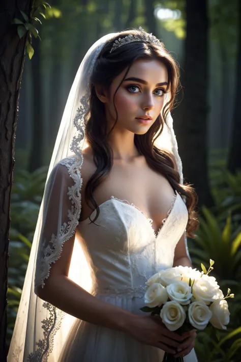 a woman in a wedding dress holding a bouquet of flowers