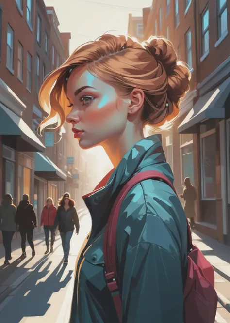 1 female, walking down the street
Dutch angle
detailed face 
 illustration,     texture 
gradient
shadow
dramatic lighting
(artwork in the style of  Sam Bosma  :1.5)