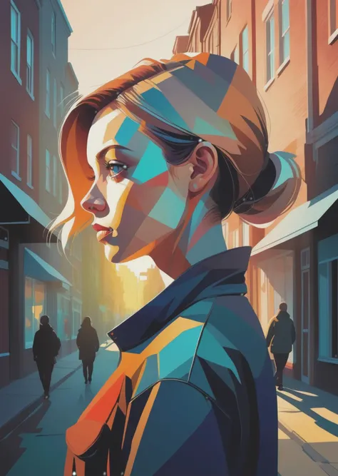 1 female, walking down the street
Dutch angle
detailed face 
 illustration,  texture, abstract 
gradient
shadow
dramatic lighting
(artwork in the style of  Sam Bosma Meobius   :1.5)