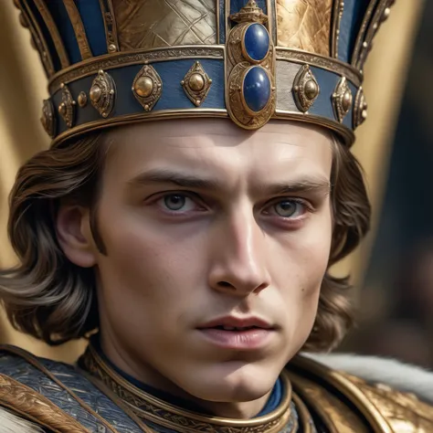 colored closeup of a young Emperor, full of adventure and enthusiasm, 8k, uhd, realistic, detailed skin, insane detailed, award-winning-photo,