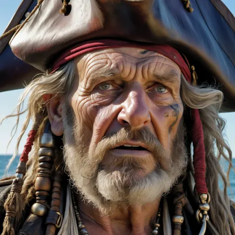 colored closeup of a old Pirate, tired and exhausted by the world, 8k, uhd, realistic, detailed skin, insane detailed, award-winning-photo