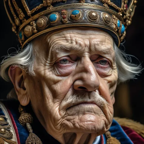 colored closeup of a very old Emperor, tired and exhausted by the world, 8k, uhd, realistic, detailed skin, insane detailed, award-winning-photo,