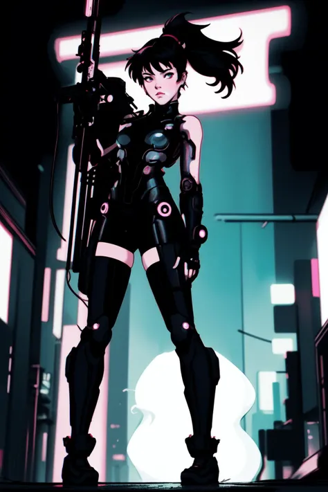 cyberpunk girl, ghost in the shell, sci fi, full body, ponytail, anime eyes, turned to camera, detailed background, neon tokyo, shot from below, action pose